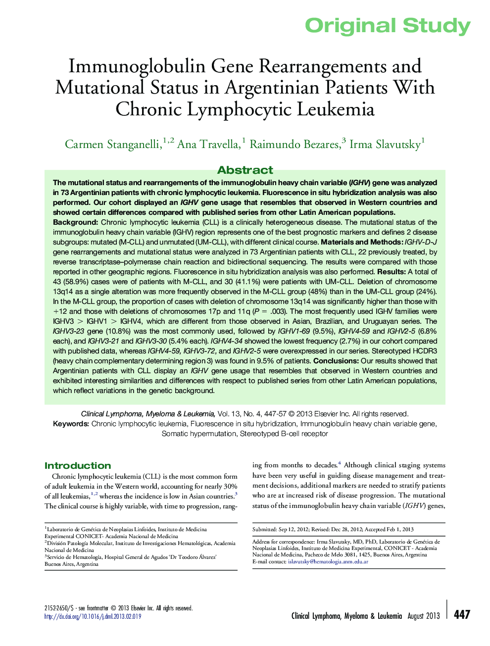 Immunoglobulin Gene Rearrangements and Mutational Status in Argentinian Patients With Chronic Lymphocytic Leukemia