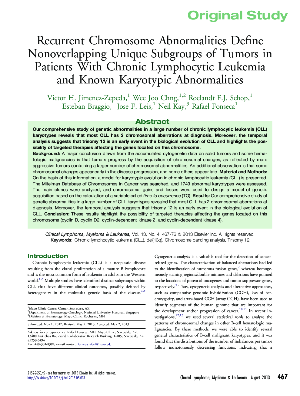 Recurrent Chromosome Abnormalities Define Nonoverlapping Unique Subgroups of Tumors in Patients With Chronic Lymphocytic Leukemia and Known Karyotypic Abnormalities