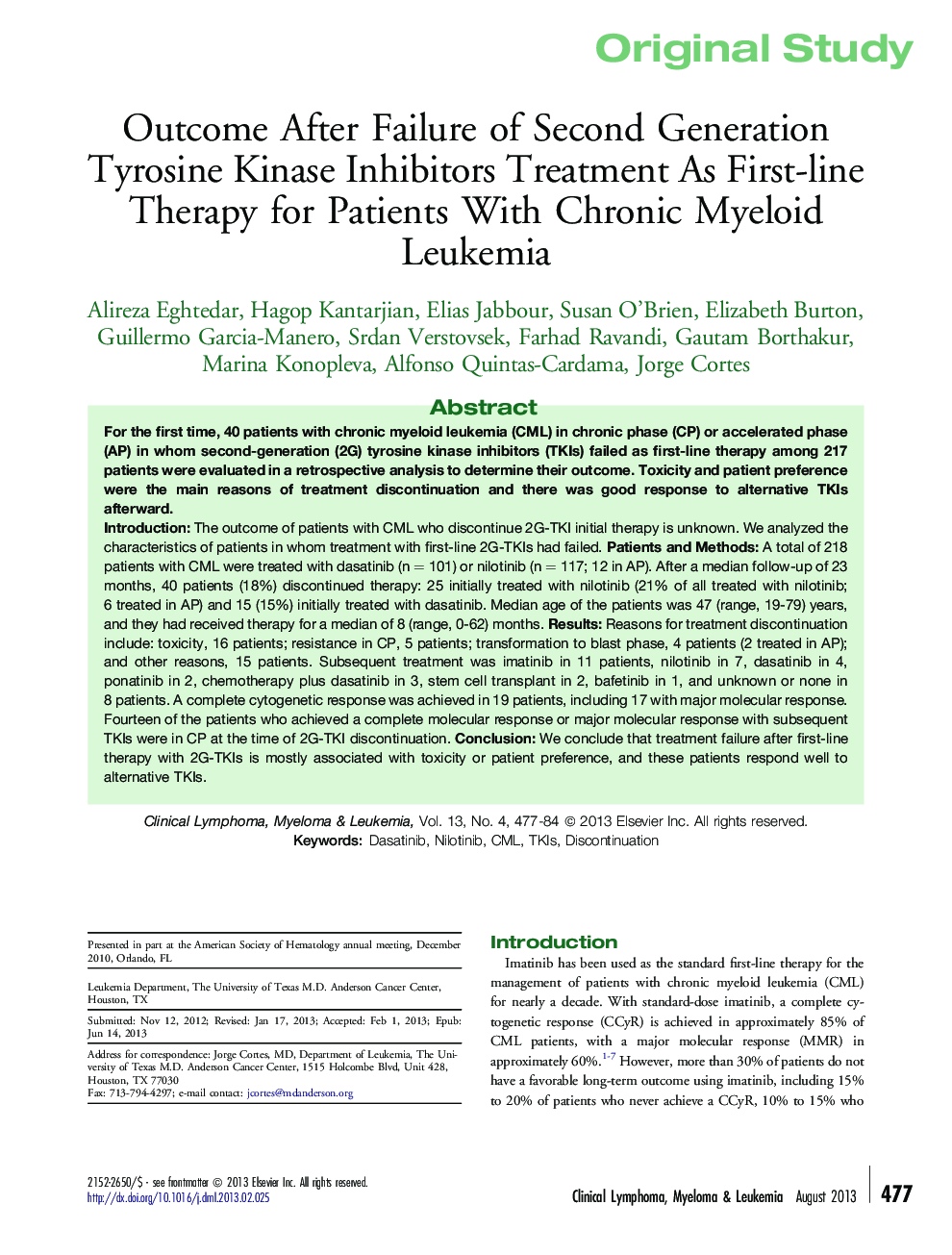 Outcome After Failure of Second Generation Tyrosine Kinase Inhibitors Treatment As First-line Therapy for Patients With Chronic Myeloid Leukemia