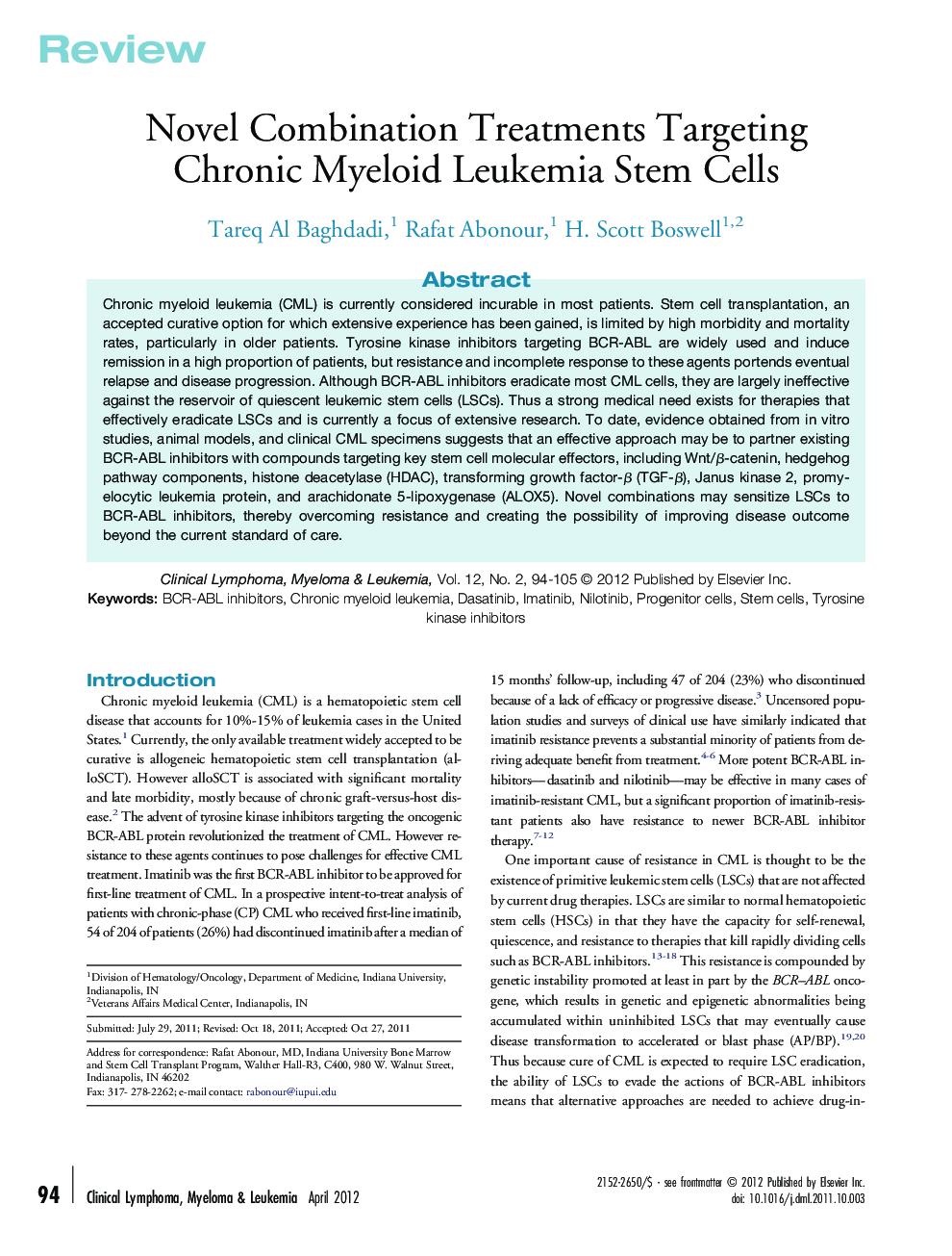 Novel Combination Treatments Targeting Chronic Myeloid Leukemia Stem Cells