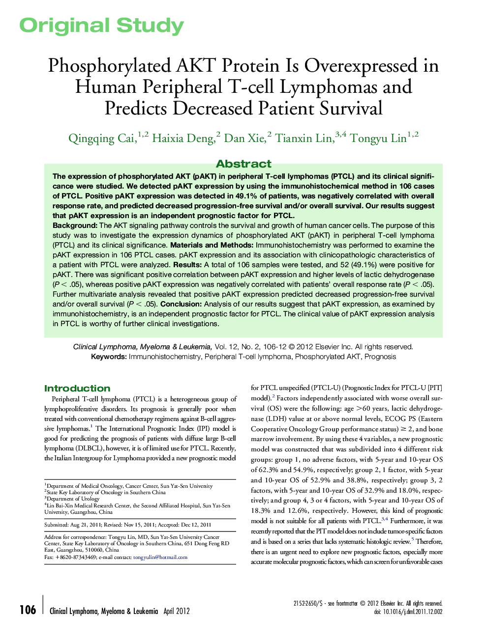 Phosphorylated AKT Protein Is Overexpressed in Human Peripheral T-cell Lymphomas and Predicts Decreased Patient Survival