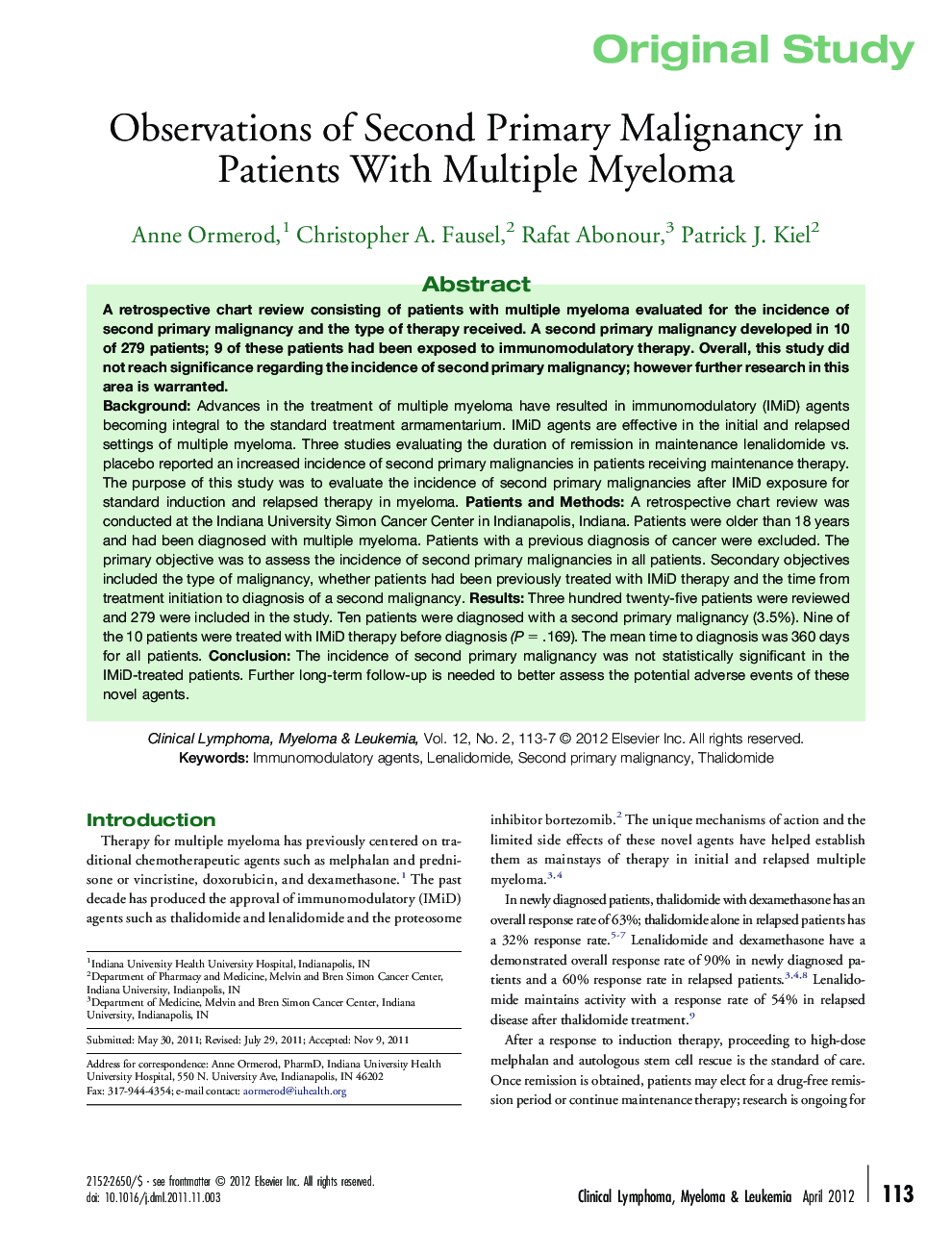 Observations of Second Primary Malignancy in Patients With Multiple Myeloma