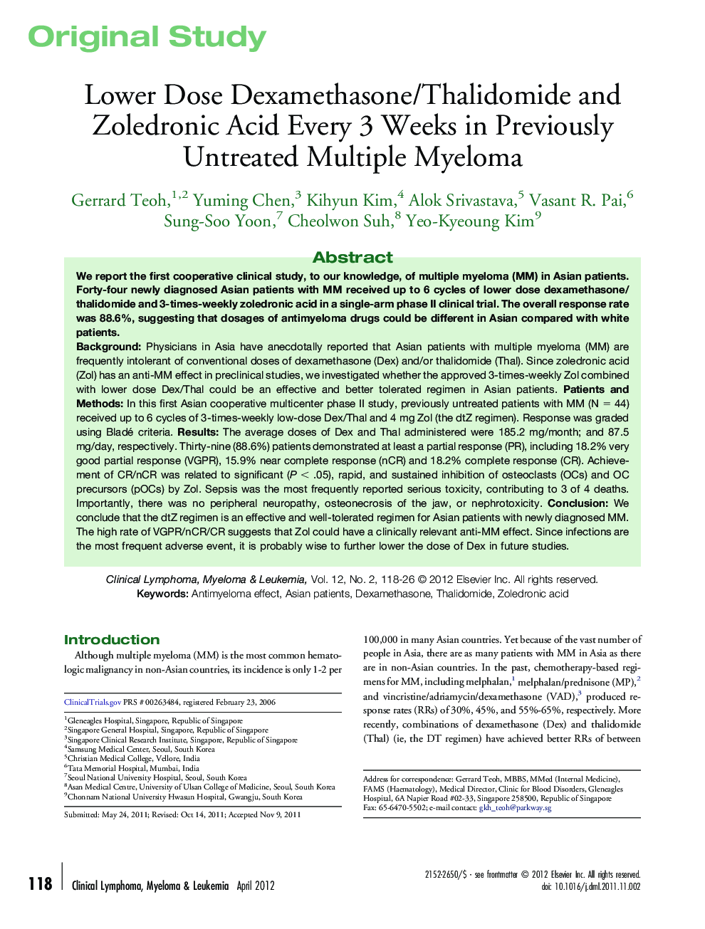 Lower Dose Dexamethasone/Thalidomide and Zoledronic Acid Every 3 Weeks in Previously Untreated Multiple Myeloma 