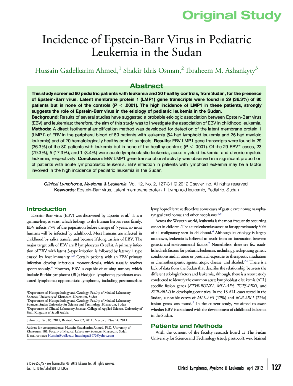 Incidence of Epstein-Barr Virus in Pediatric Leukemia in the Sudan