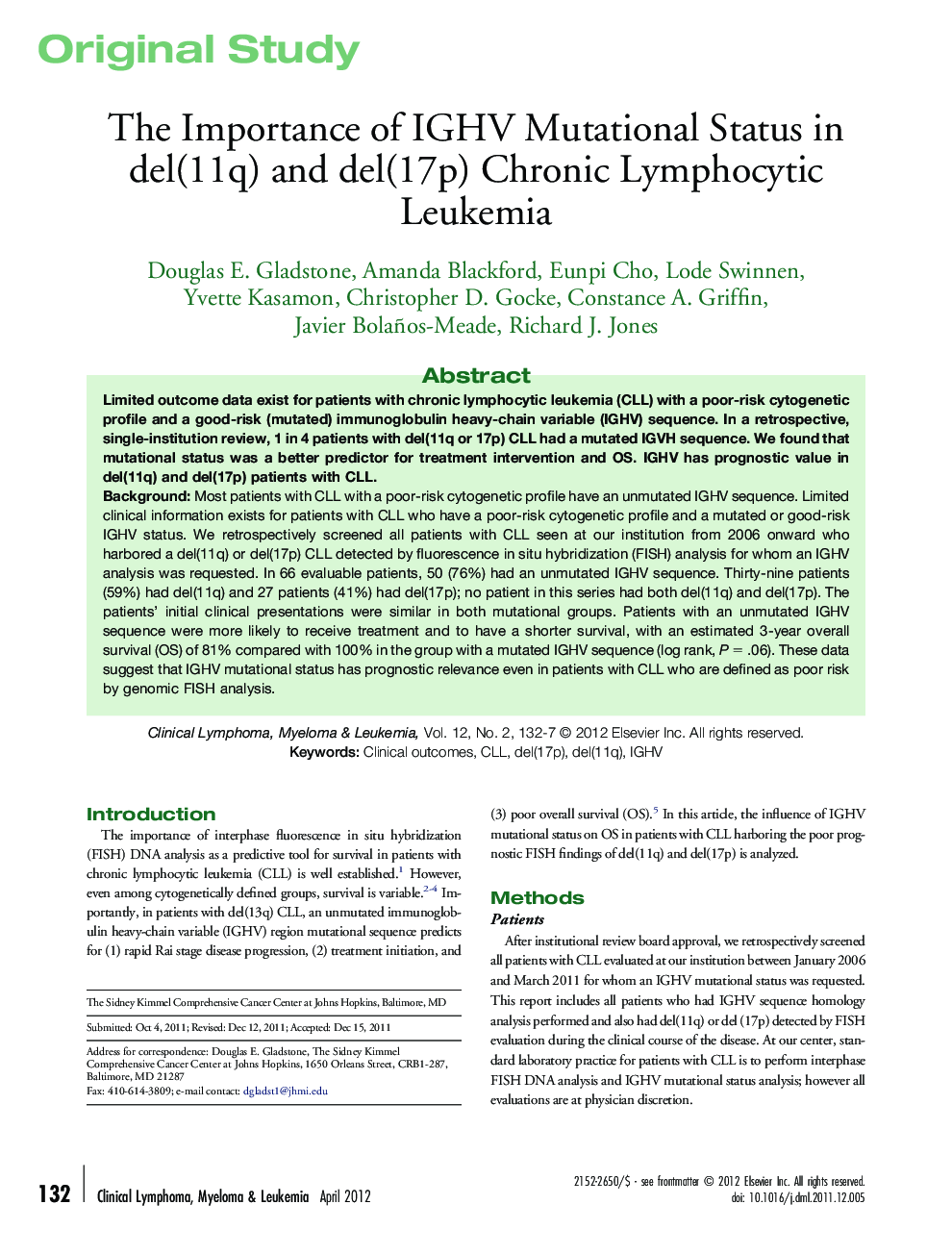 The Importance of IGHV Mutational Status in del(11q) and del(17p) Chronic Lymphocytic Leukemia