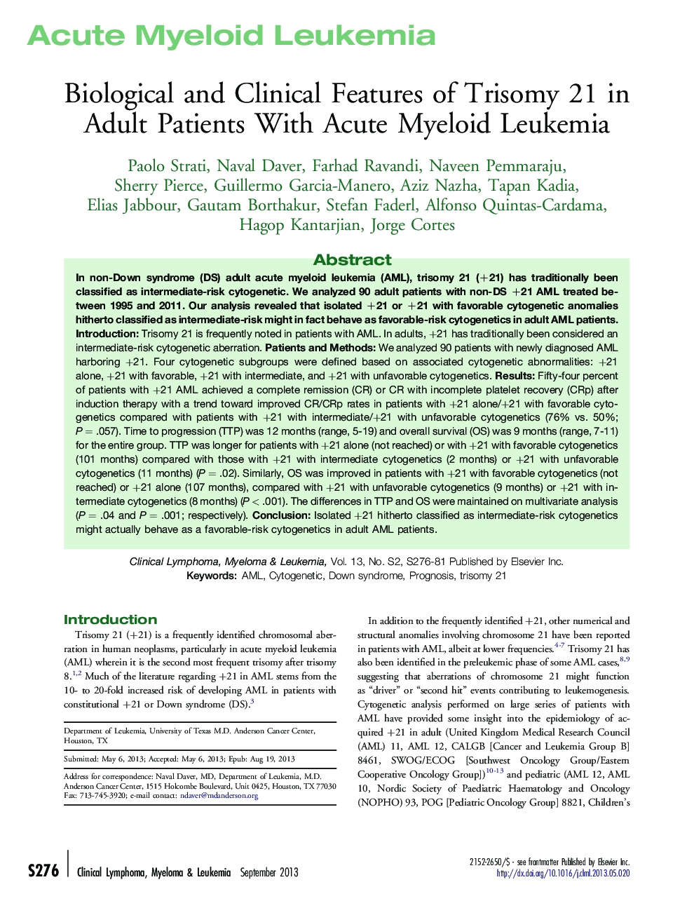 Biological and Clinical Features of Trisomy 21 in Adult Patients With Acute Myeloid Leukemia