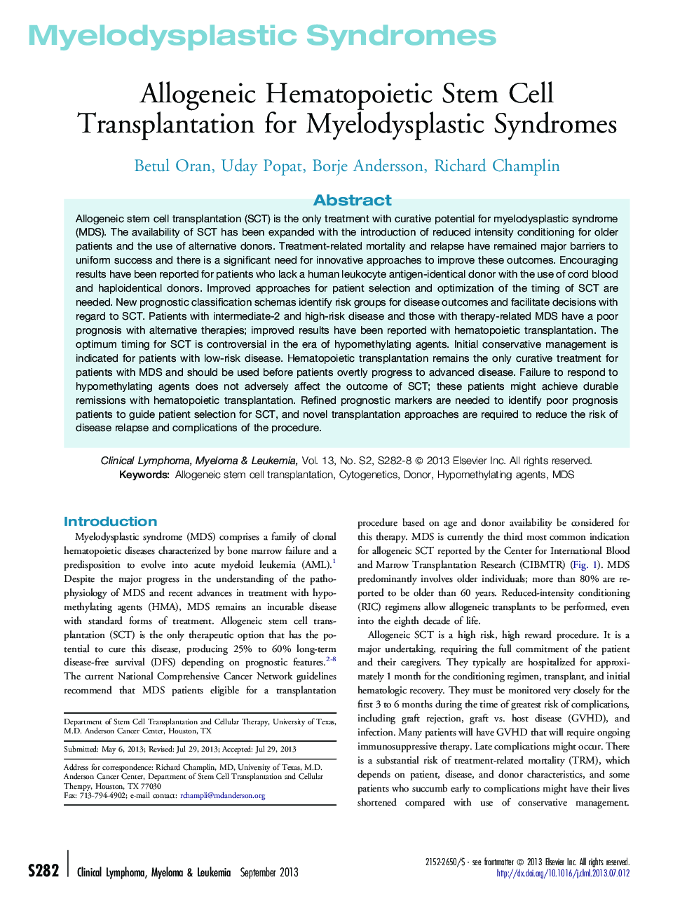 Allogeneic Hematopoietic Stem Cell Transplantation for Myelodysplastic Syndromes
