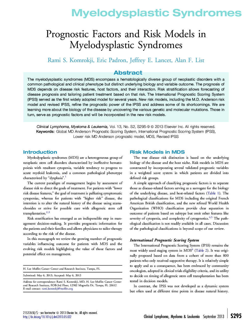 Prognostic Factors and Risk Models in Myelodysplastic Syndromes