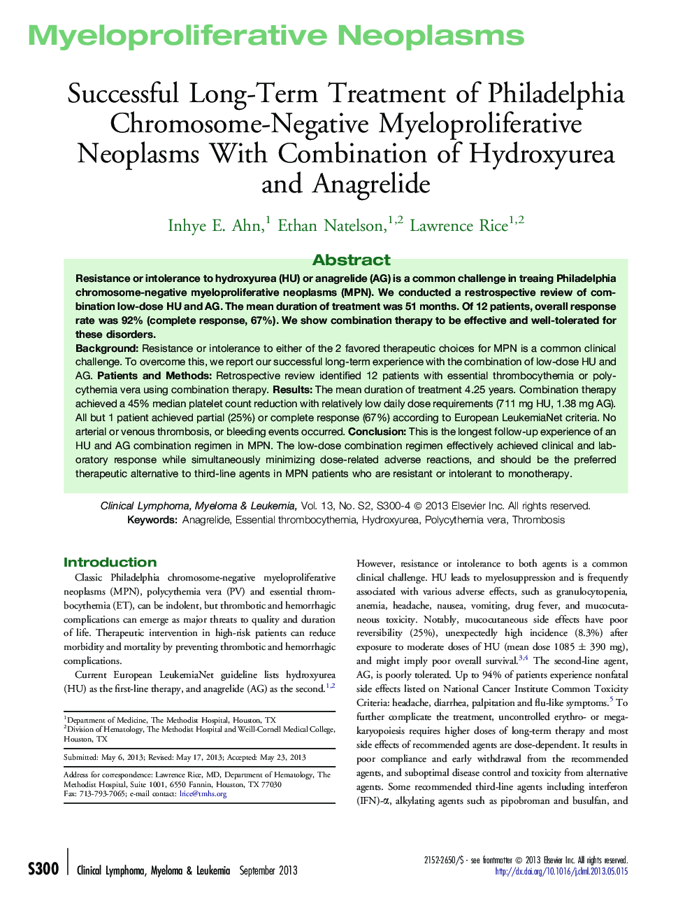 Successful Long-Term Treatment of Philadelphia Chromosome-Negative Myeloproliferative Neoplasms With Combination of Hydroxyurea and Anagrelide