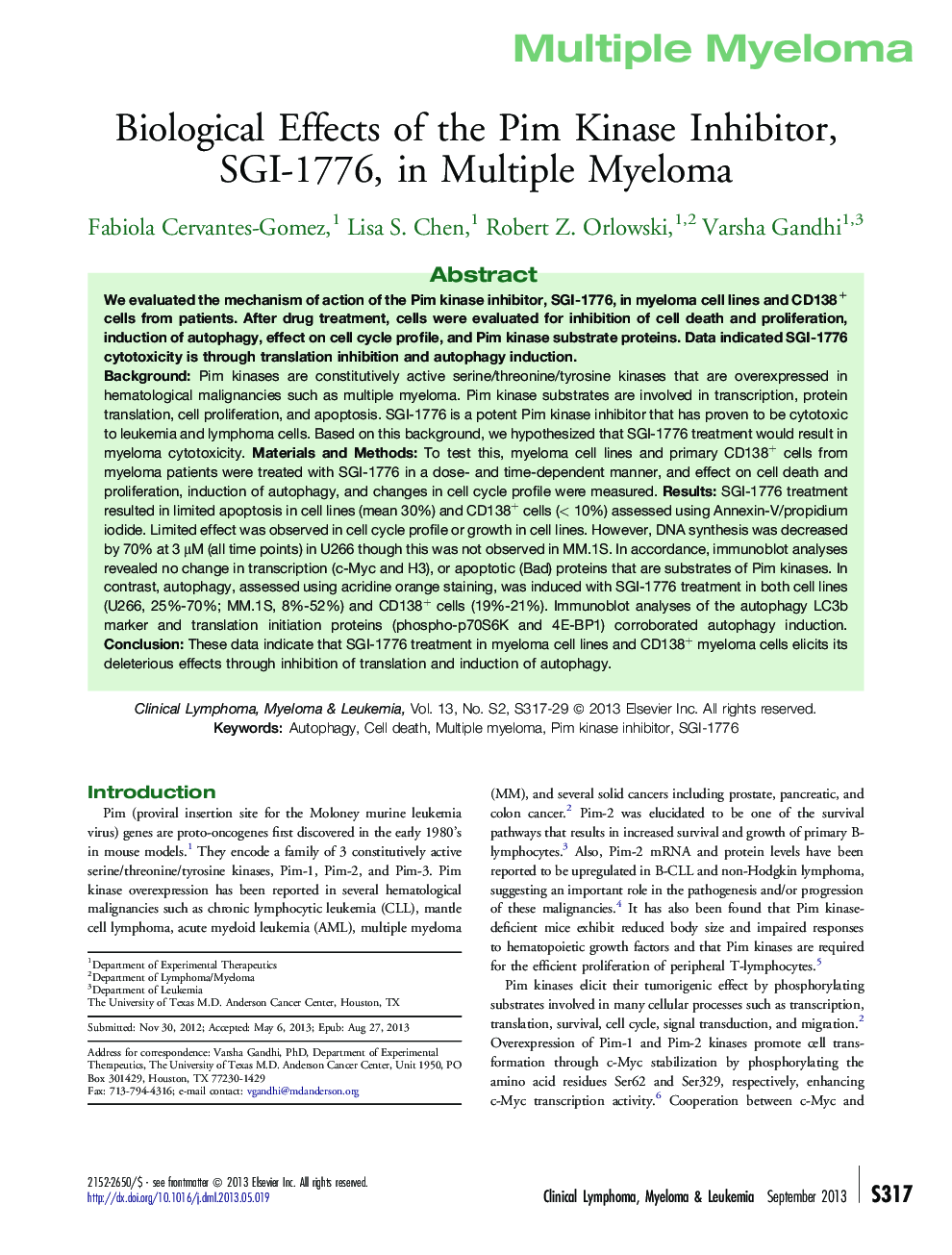 Biological Effects of the Pim Kinase Inhibitor, SGI-1776, in Multiple Myeloma