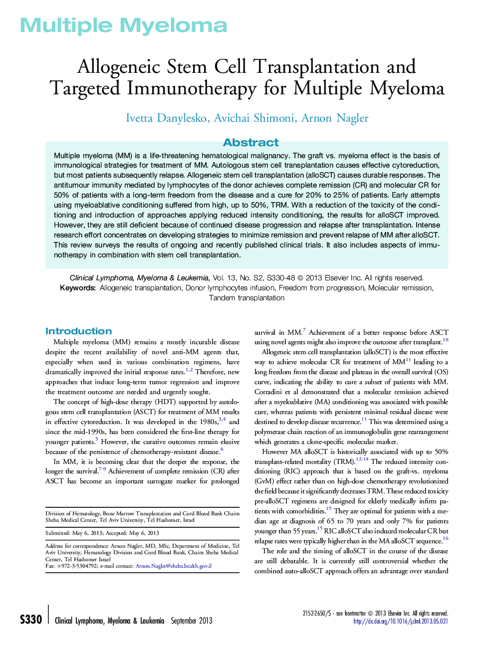 Allogeneic Stem Cell Transplantation and Targeted Immunotherapy for Multiple Myeloma