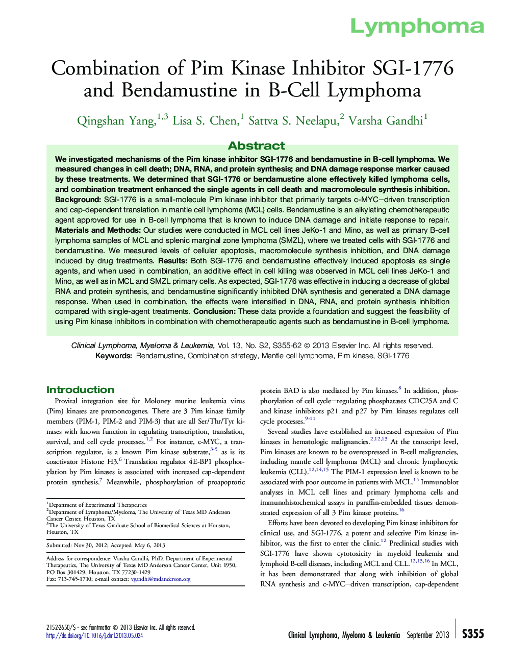 Combination of Pim Kinase Inhibitor SGI-1776 and Bendamustine in B-Cell Lymphoma