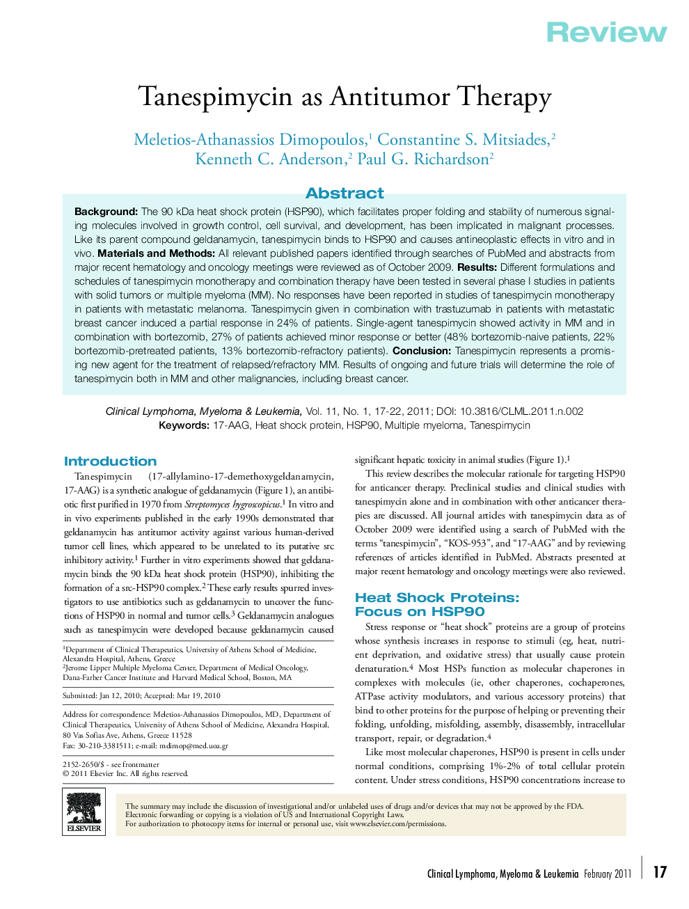 Tanespimycin as Antitumor Therapy 