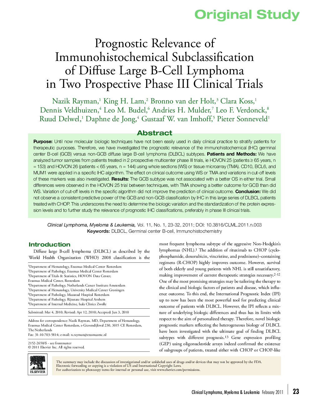 Prognostic Relevance of Immunohistochemical Subclassification of Diffuse Large B-Cell Lymphoma in Two Prospective Phase III Clinical Trials 