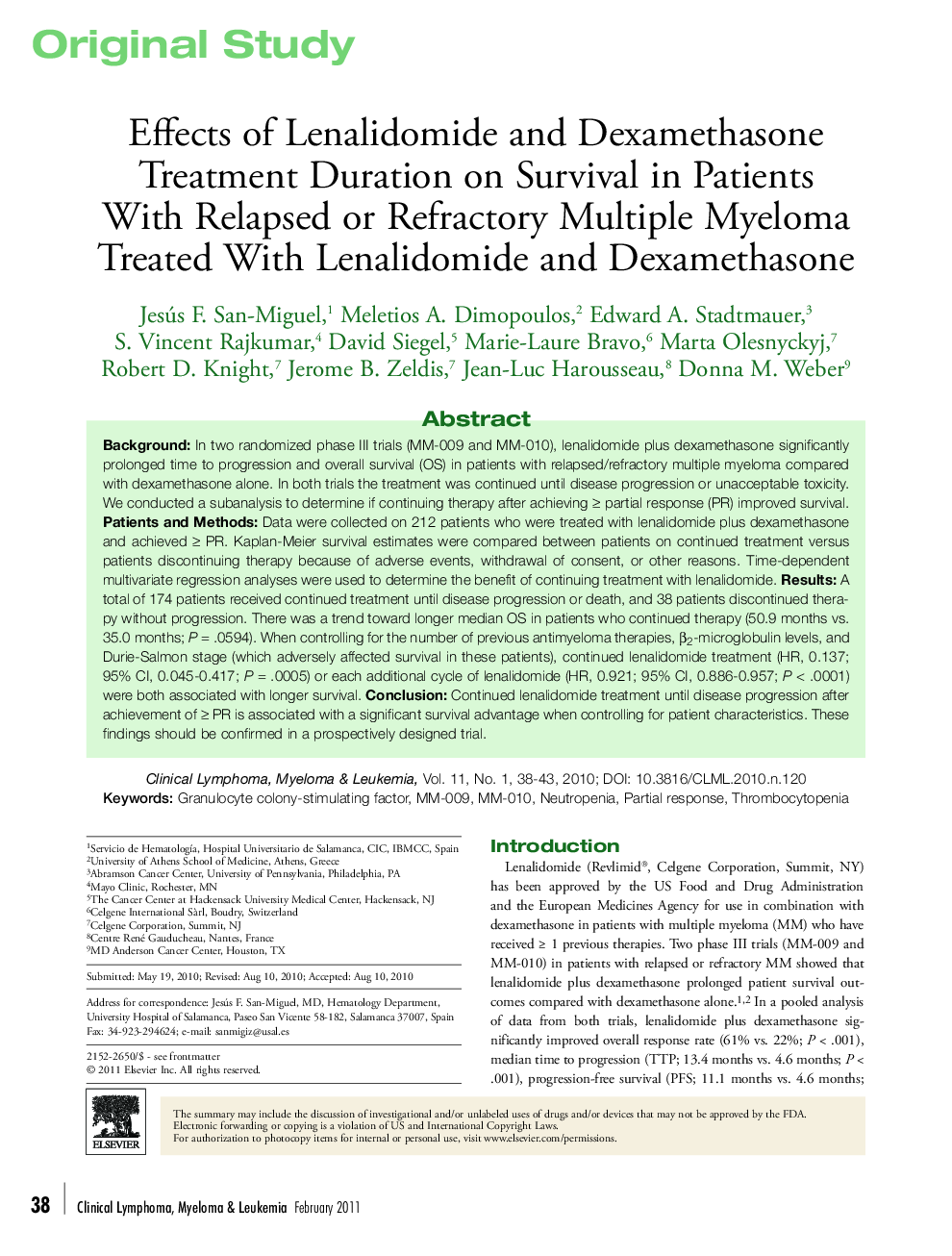 Effects of Lenalidomide and Dexamethasone Treatment Duration on Survival in Patients With Relapsed or Refractory Multiple Myeloma Treated With Lenalidomide and Dexamethasone 