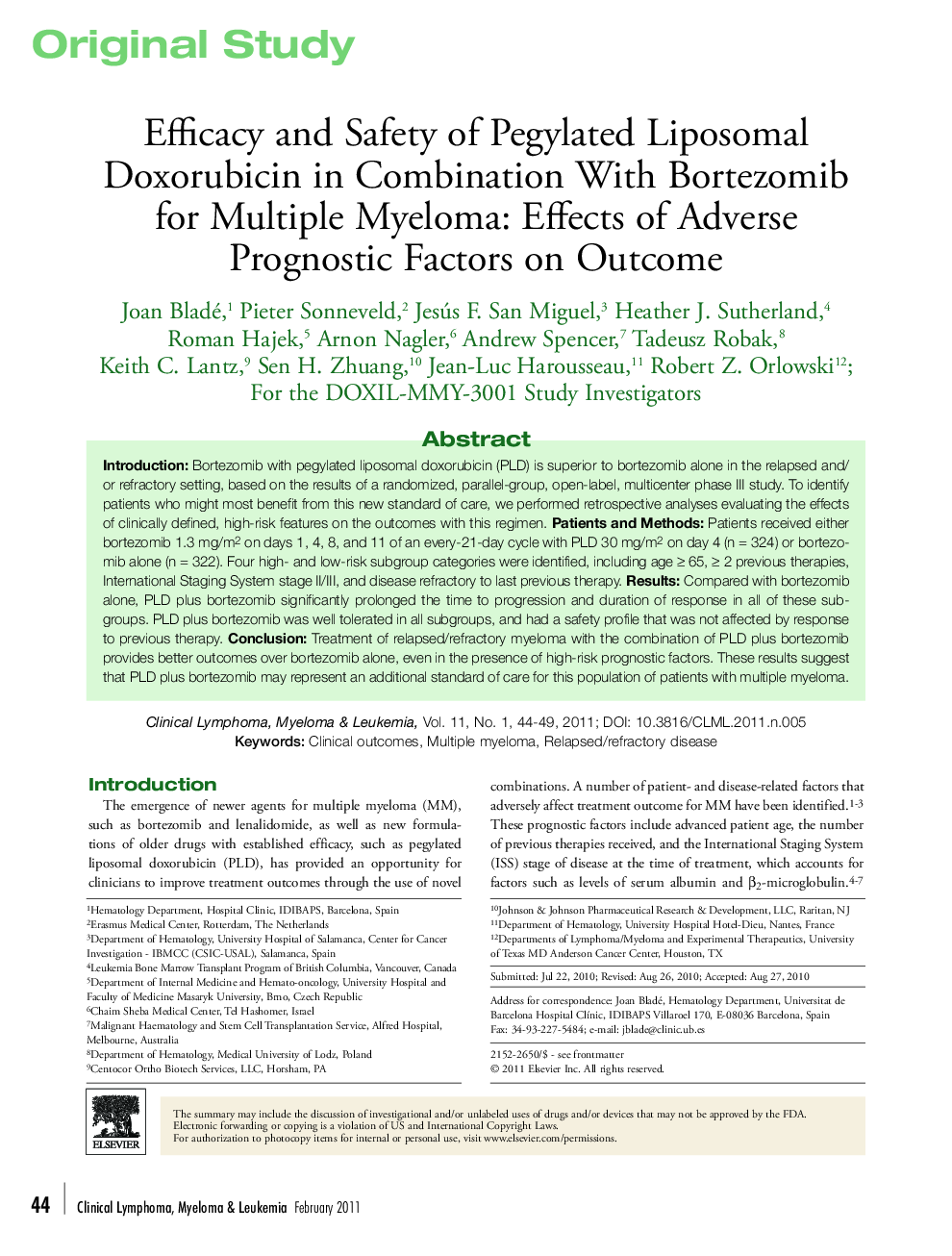Efficacy and Safety of Pegylated Liposomal Doxorubicin in Combination With Bortezomib for Multiple Myeloma: Effects of Adverse Prognostic Factors on Outcome 