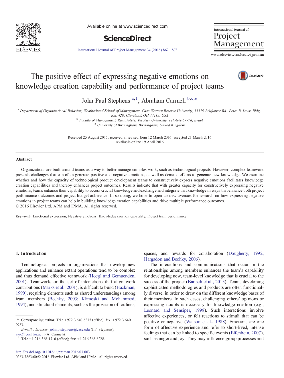 The positive effect of expressing negative emotions on knowledge creation capability and performance of project teams