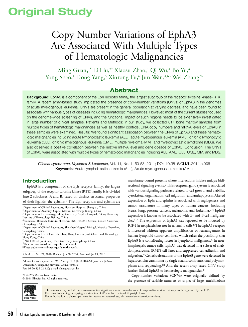 Copy Number Variations of EphA3 Are Associated With Multiple Types of Hematologic Malignancies 