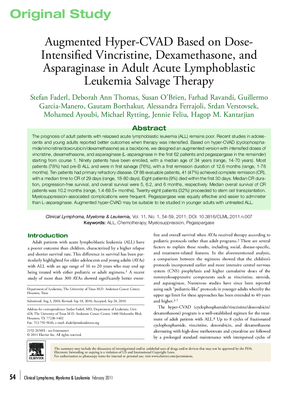 Augmented Hyper-CVAD Based on Dose-Intensified Vincristine, Dexamethasone, and Asparaginase in Adult Acute Lymphoblastic Leukemia Salvage Therapy 