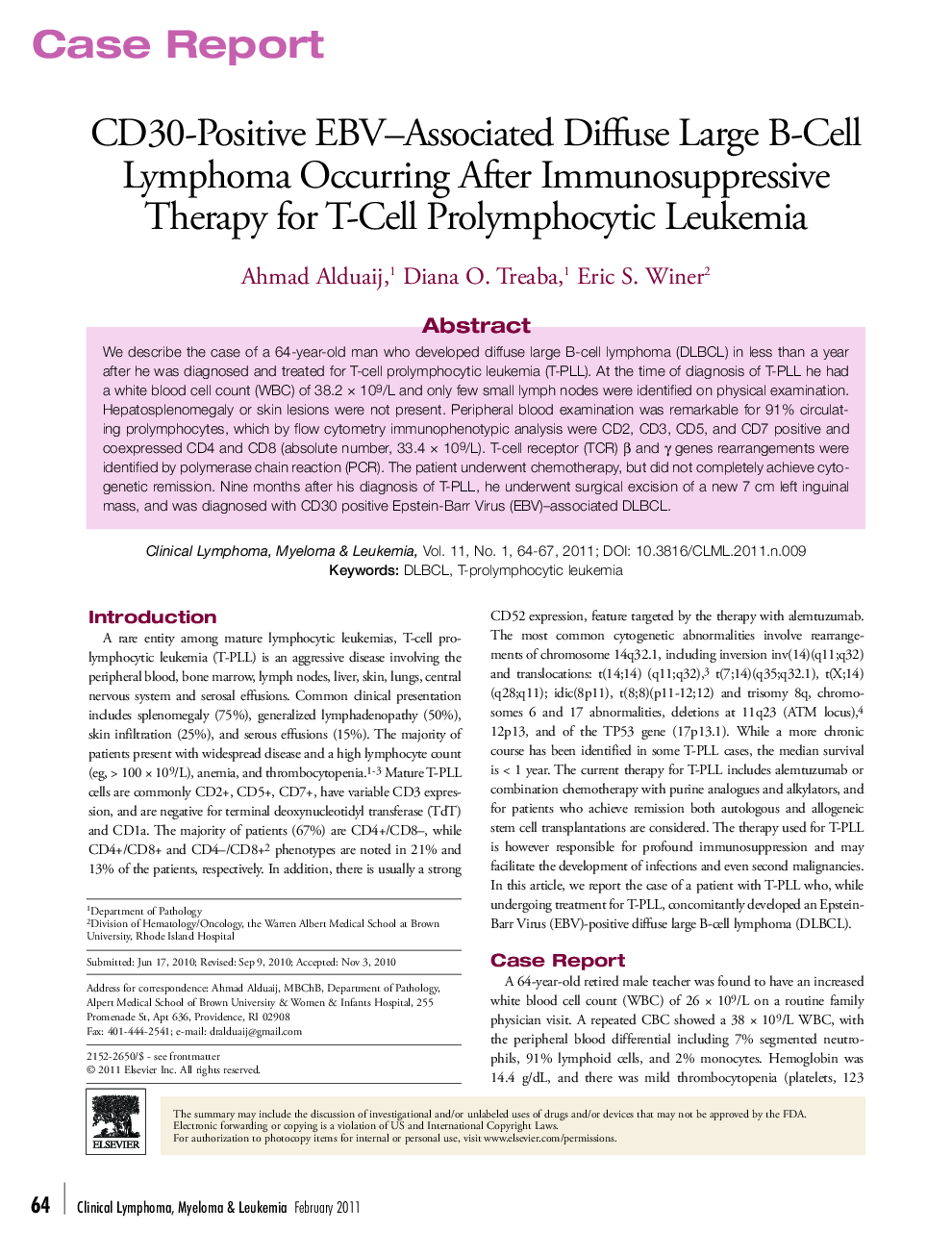 CD30-Positive EBV–Associated Diffuse Large B-Cell Lymphoma Occurring After Immunosuppressive Therapy for T-Cell Prolymphocytic Leukemia 