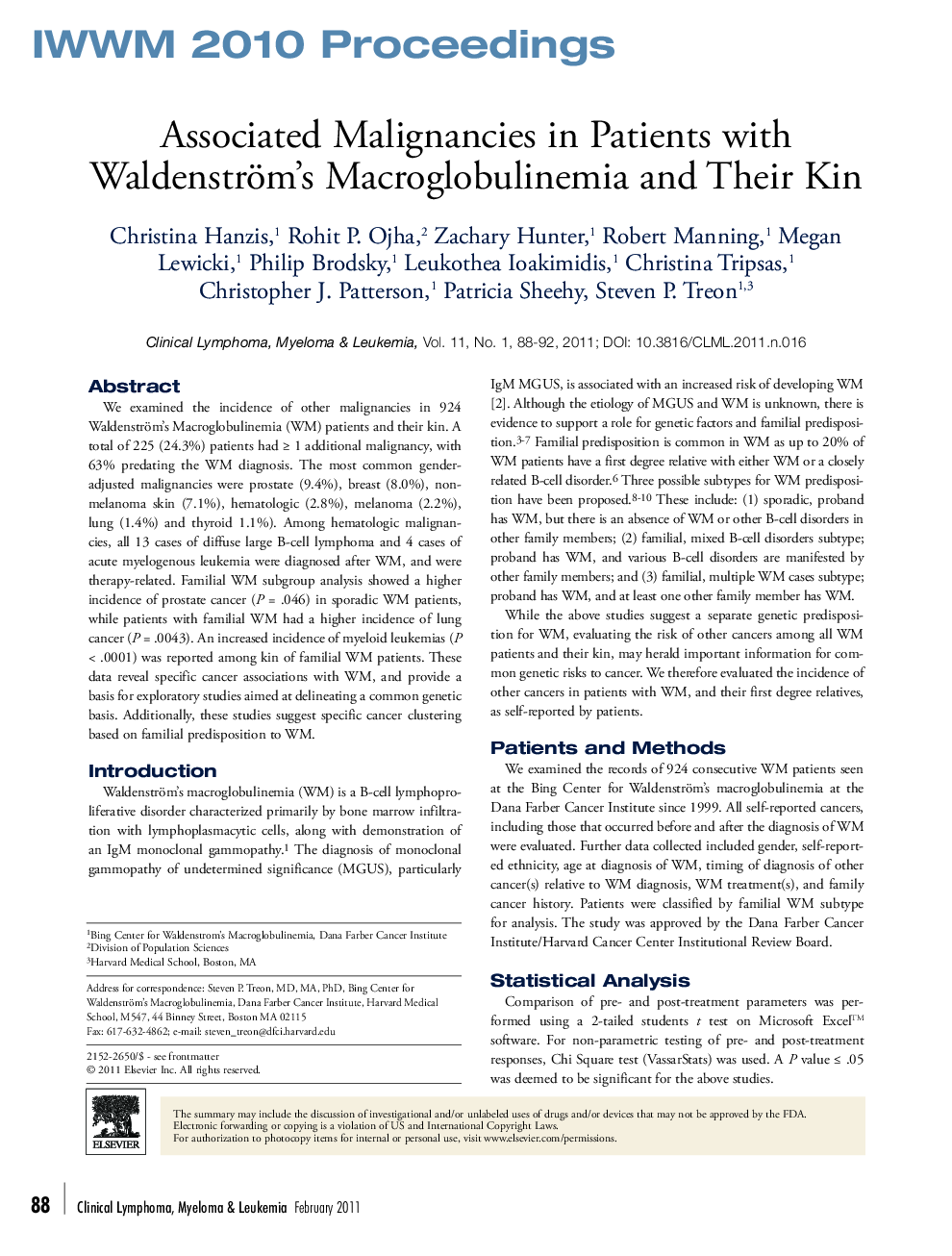 Associated Malignancies in Patients with Waldenström's Macroglobulinemia and Their Kin 