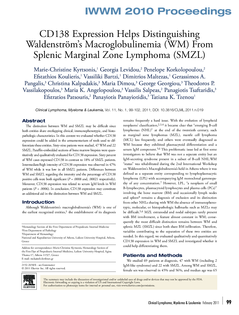 CD138 Expression Helps Distinguishing Waldenström's Macroglobulinemia (WM) From Splenic Marginal Zone Lymphoma (SMZL) 