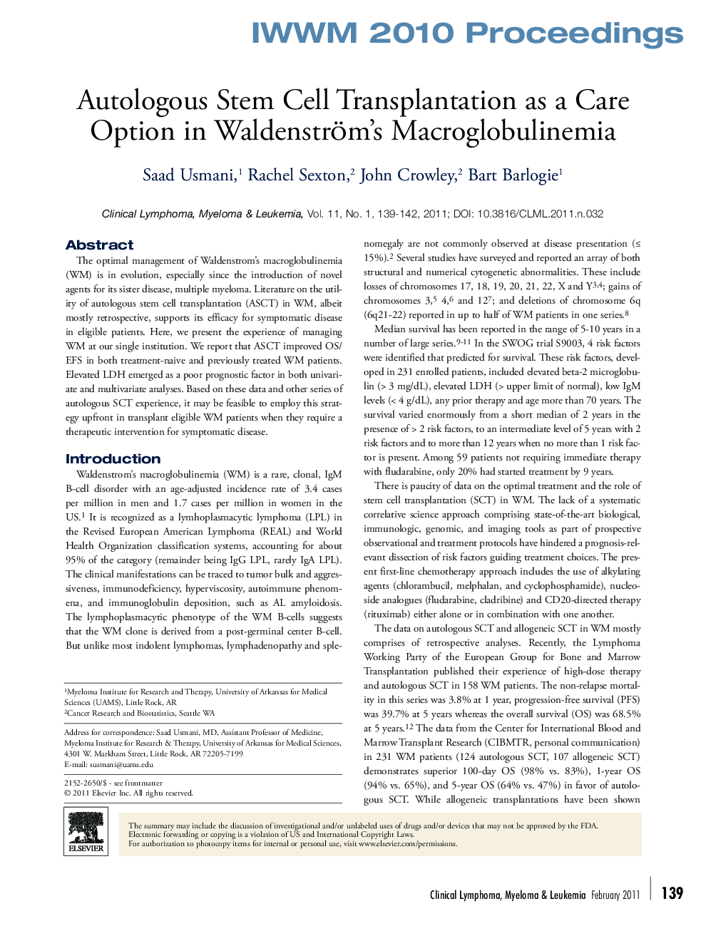 Autologous Stem Cell Transplantation as a Care Option in Waldenström's Macroglobulinemia 