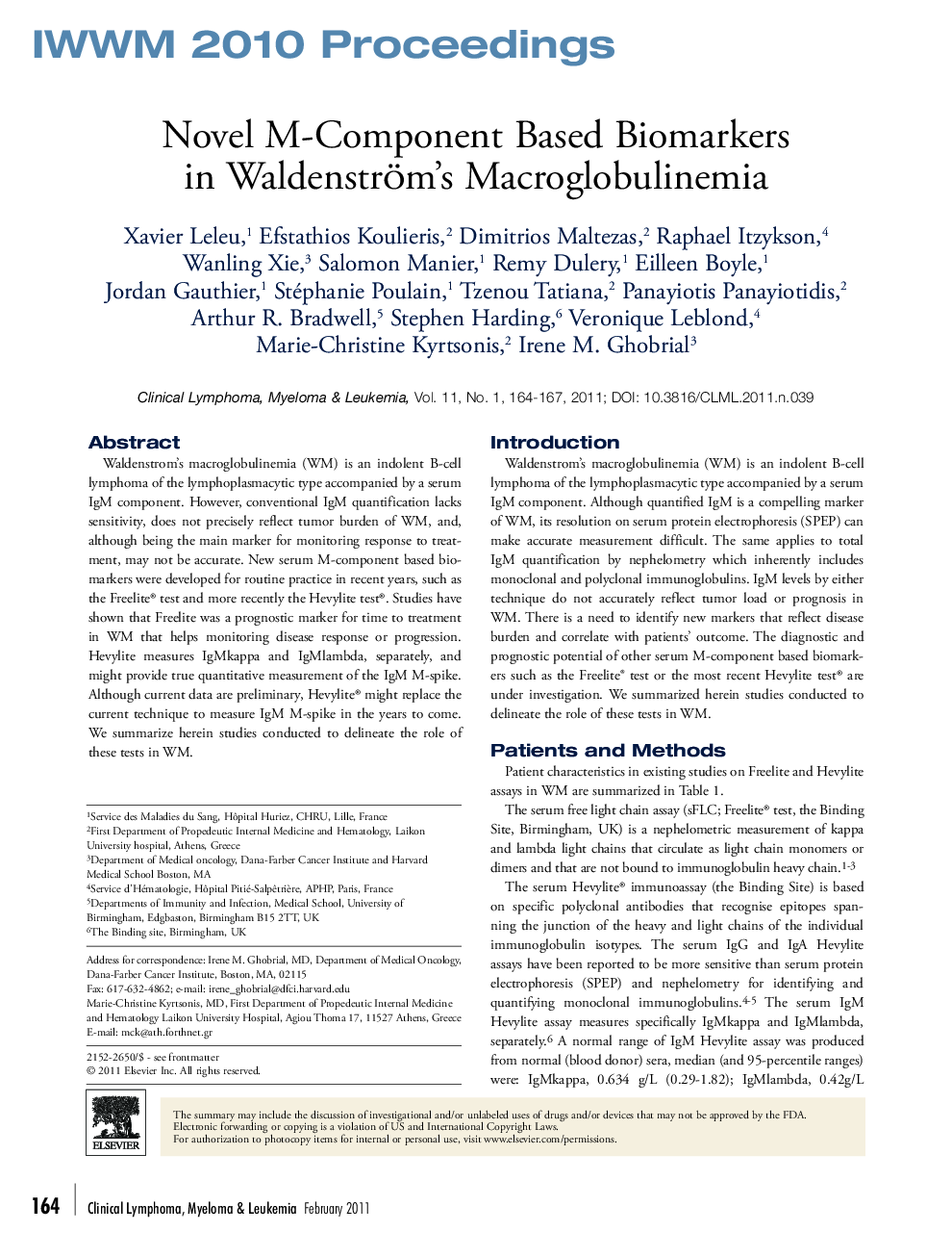 Novel M-Component Based Biomarkers in Waldenström's Macroglobulinemia 