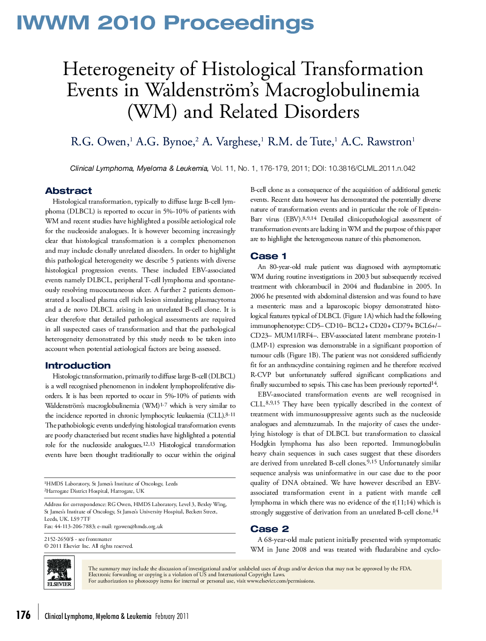 Heterogeneity of Histological Transformation Events in Waldenström's Macroglobulinemia (WM) and Related Disorders 