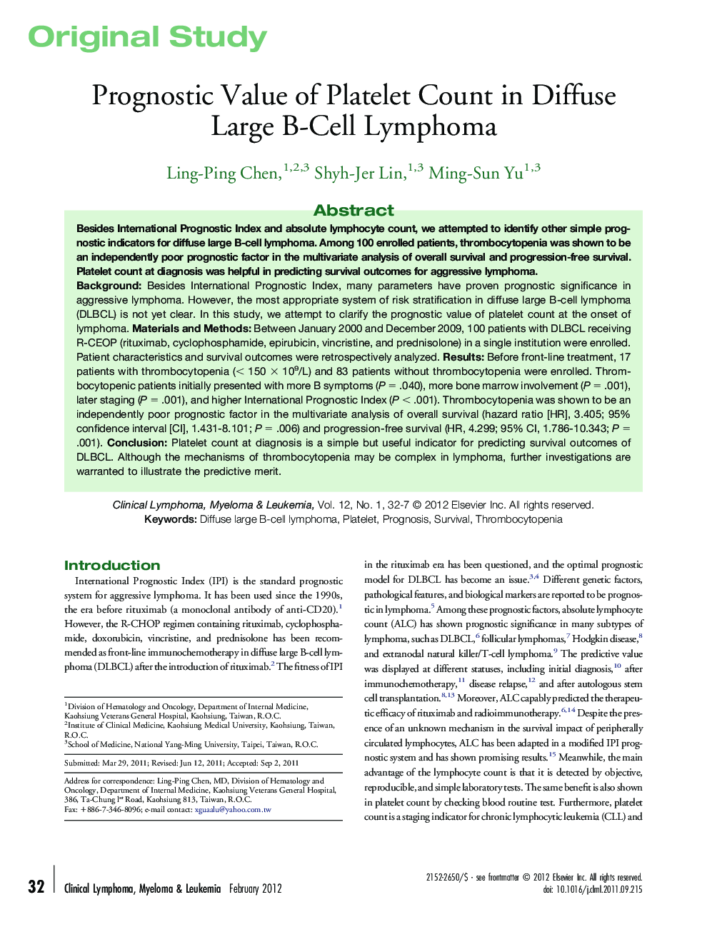 Prognostic Value of Platelet Count in Diffuse Large B-Cell Lymphoma