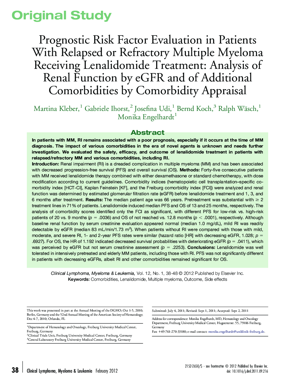 Prognostic Risk Factor Evaluation in Patients With Relapsed or Refractory Multiple Myeloma Receiving Lenalidomide Treatment: Analysis of Renal Function by eGFR and of Additional Comorbidities by Comorbidity Appraisal