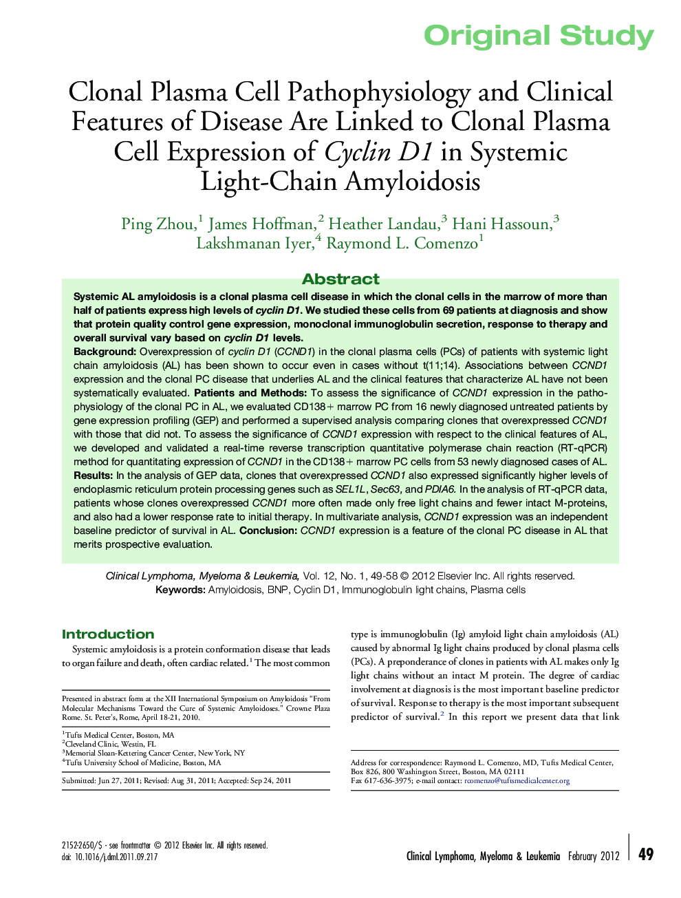 Clonal Plasma Cell Pathophysiology and Clinical Features of Disease Are Linked to Clonal Plasma Cell Expression of Cyclin D1 in Systemic Light-Chain Amyloidosis
