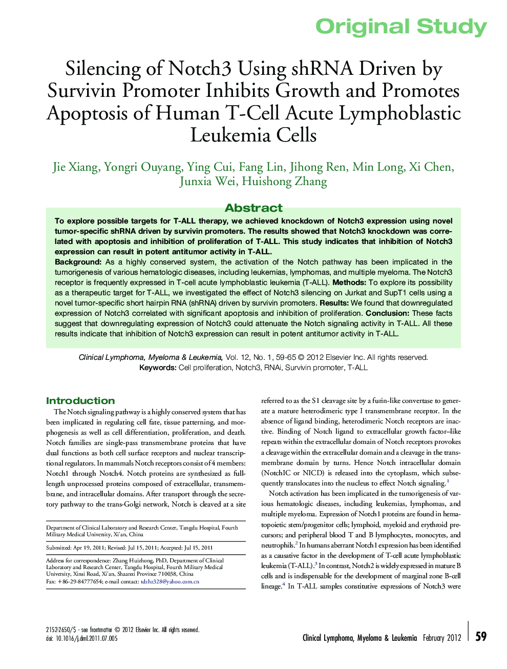 Silencing of Notch3 Using shRNA Driven by Survivin Promoter Inhibits Growth and Promotes Apoptosis of Human T-Cell Acute Lymphoblastic Leukemia Cells