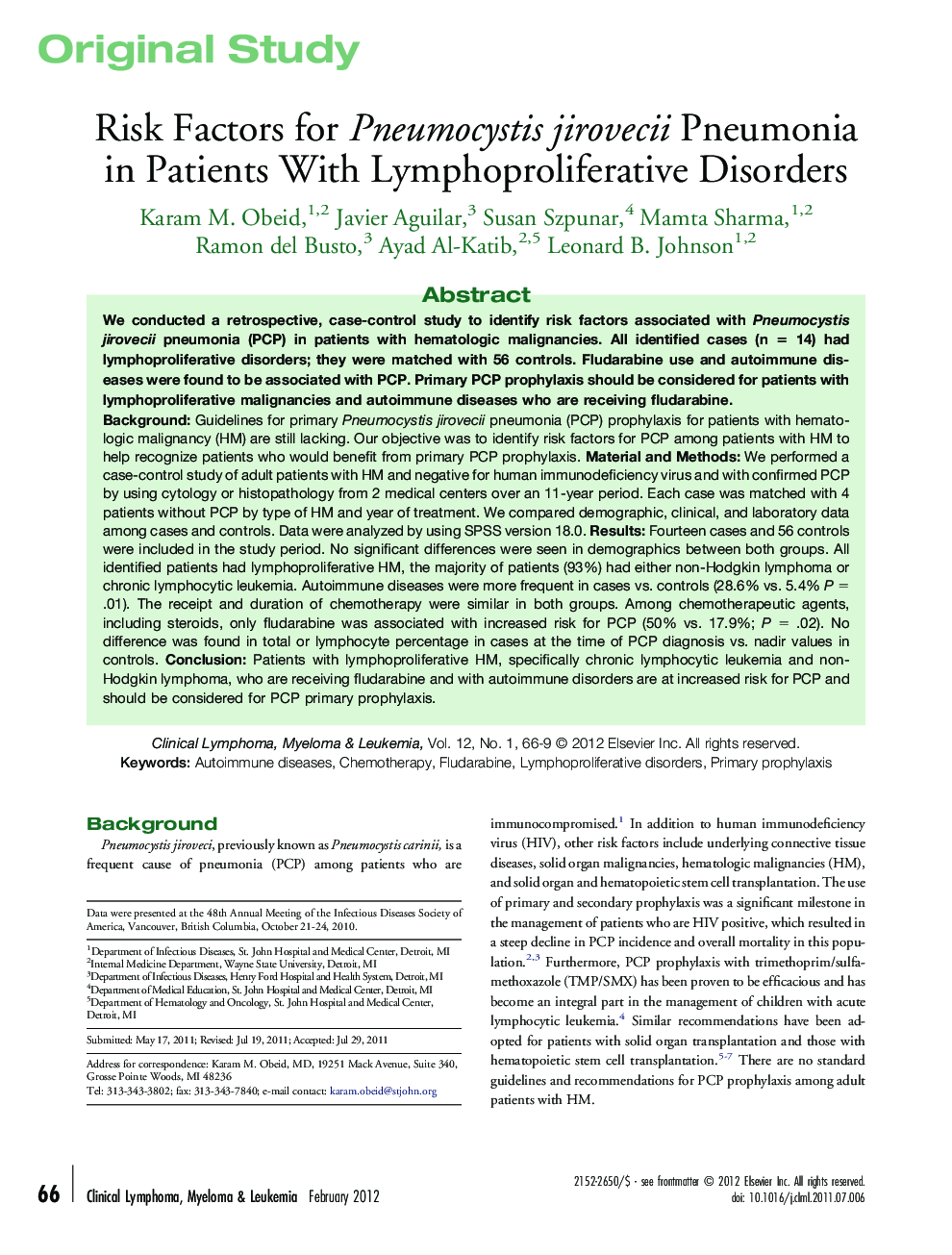 Risk Factors for Pneumocystis jirovecii Pneumonia in Patients With Lymphoproliferative Disorders