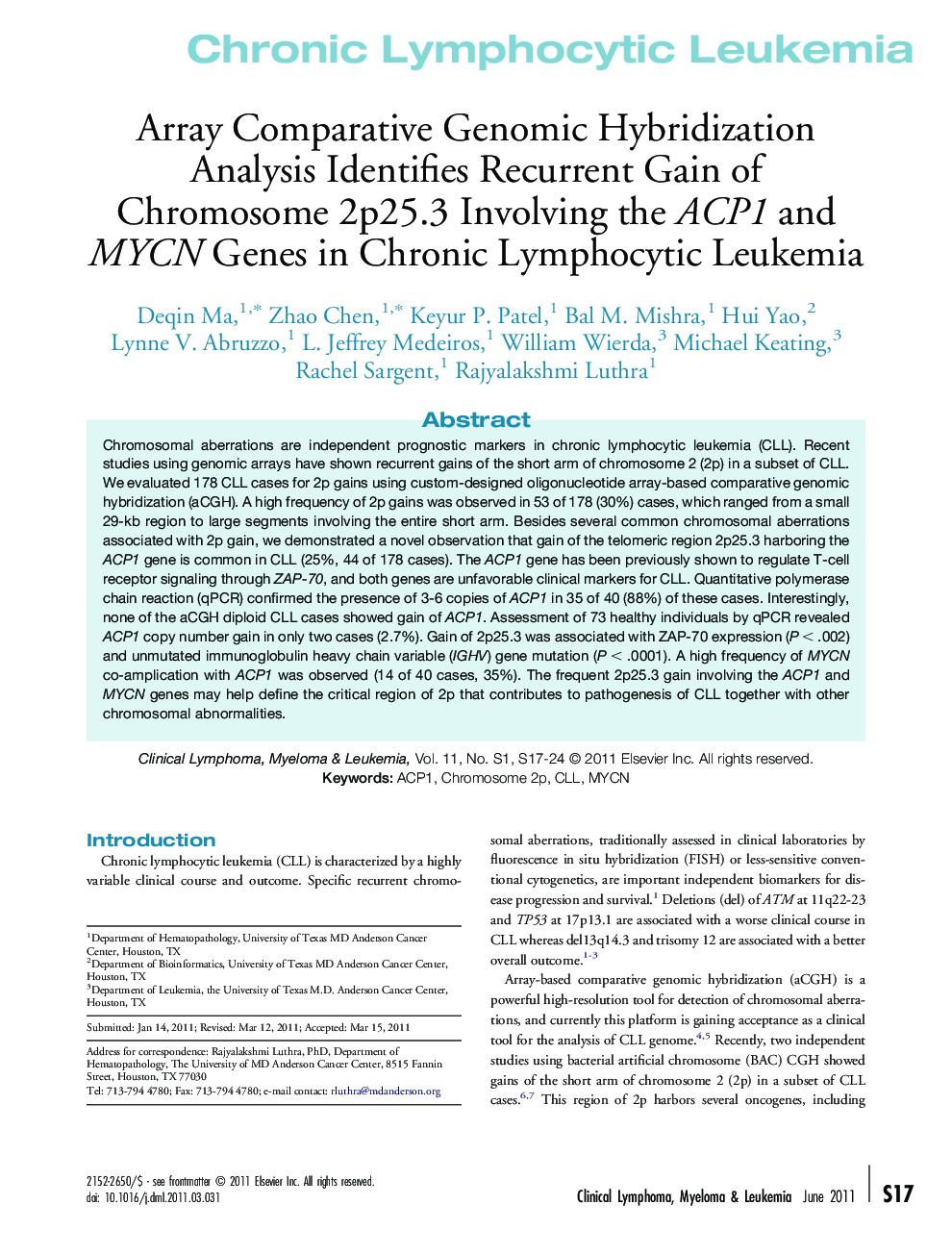 Array Comparative Genomic Hybridization Analysis Identifies Recurrent Gain of Chromosome 2p25.3 Involving the ACP1 and MYCN Genes in Chronic Lymphocytic Leukemia