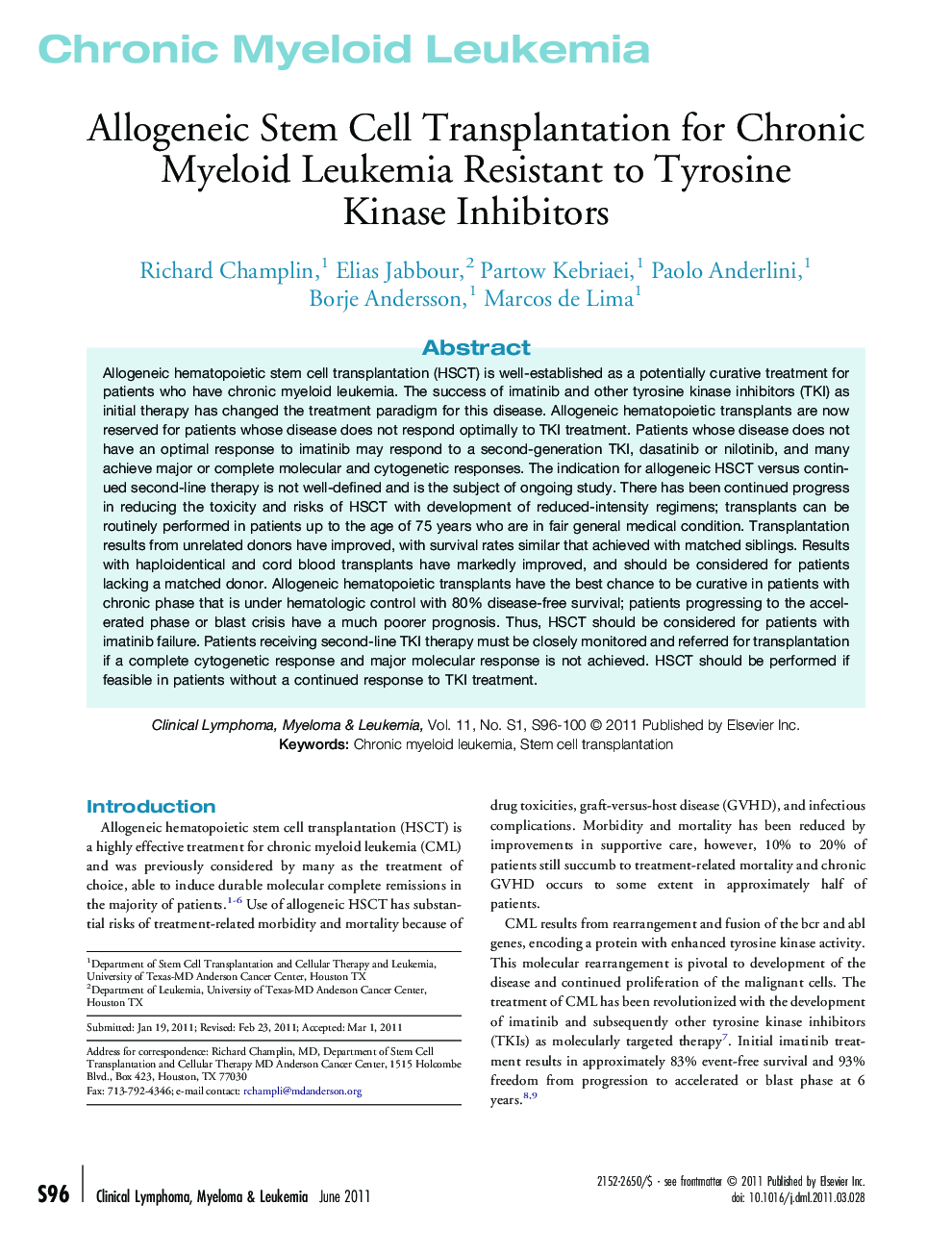 Allogeneic Stem Cell Transplantation for Chronic Myeloid Leukemia Resistant to Tyrosine Kinase Inhibitors