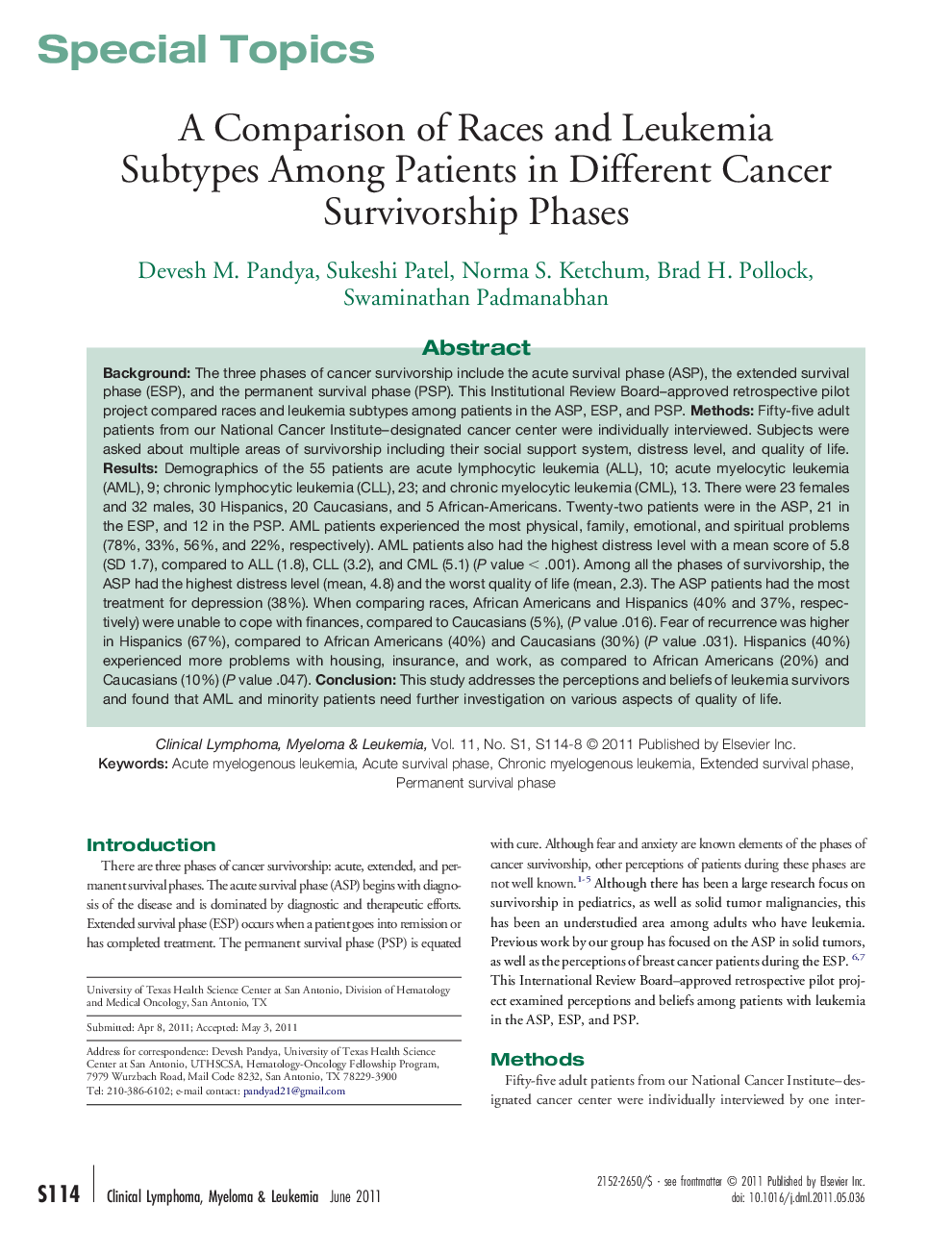 A Comparison of Races and Leukemia Subtypes Among Patients in Different Cancer Survivorship Phases