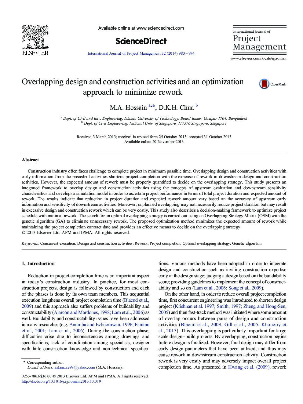 Overlapping design and construction activities and an optimization approach to minimize rework