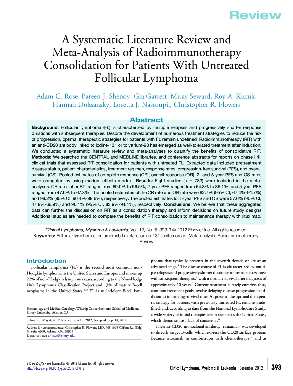 A Systematic Literature Review and Meta-Analysis of Radioimmunotherapy Consolidation for Patients With Untreated Follicular Lymphoma