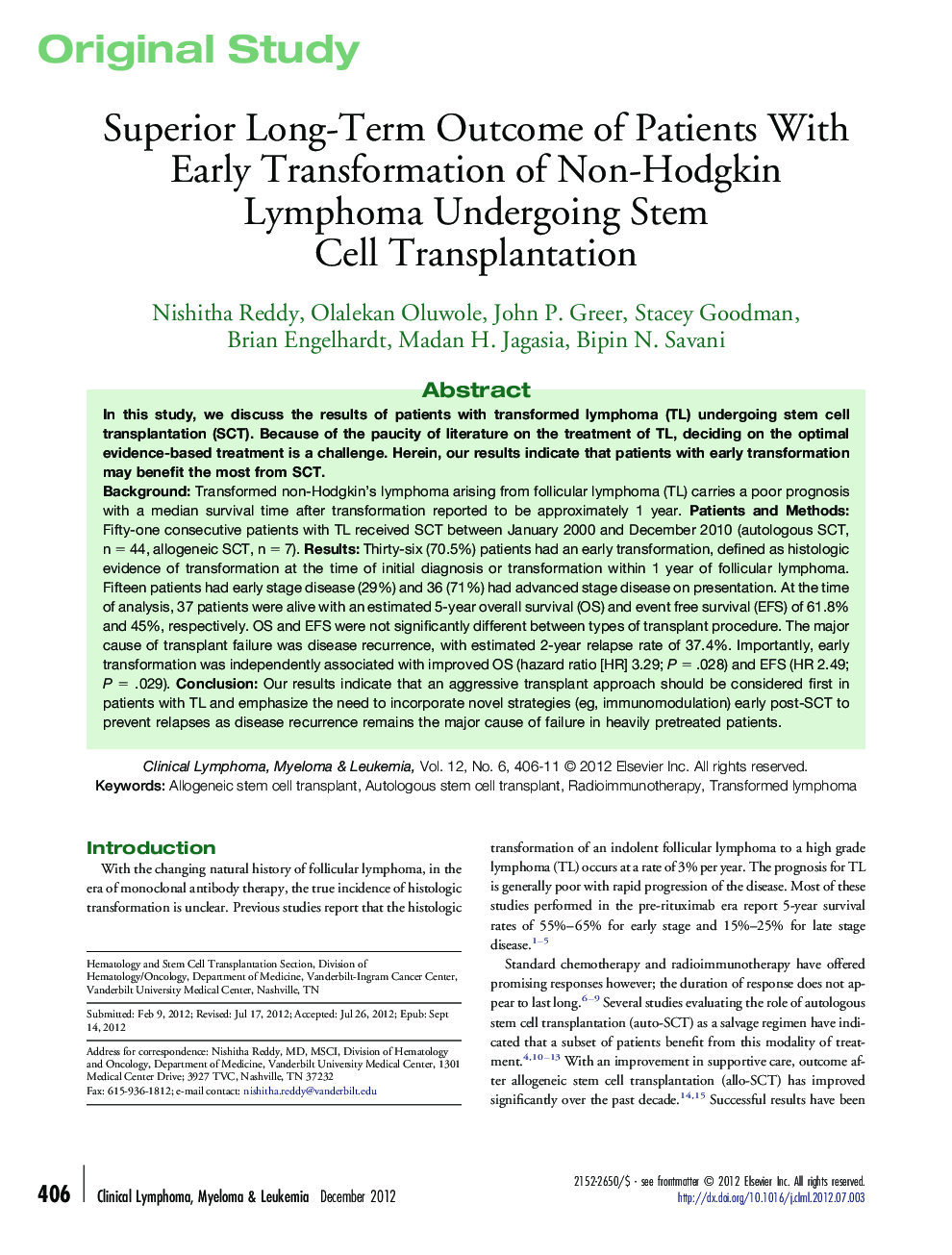 Superior Long-Term Outcome of Patients With Early Transformation of Non-Hodgkin Lymphoma Undergoing Stem Cell Transplantation