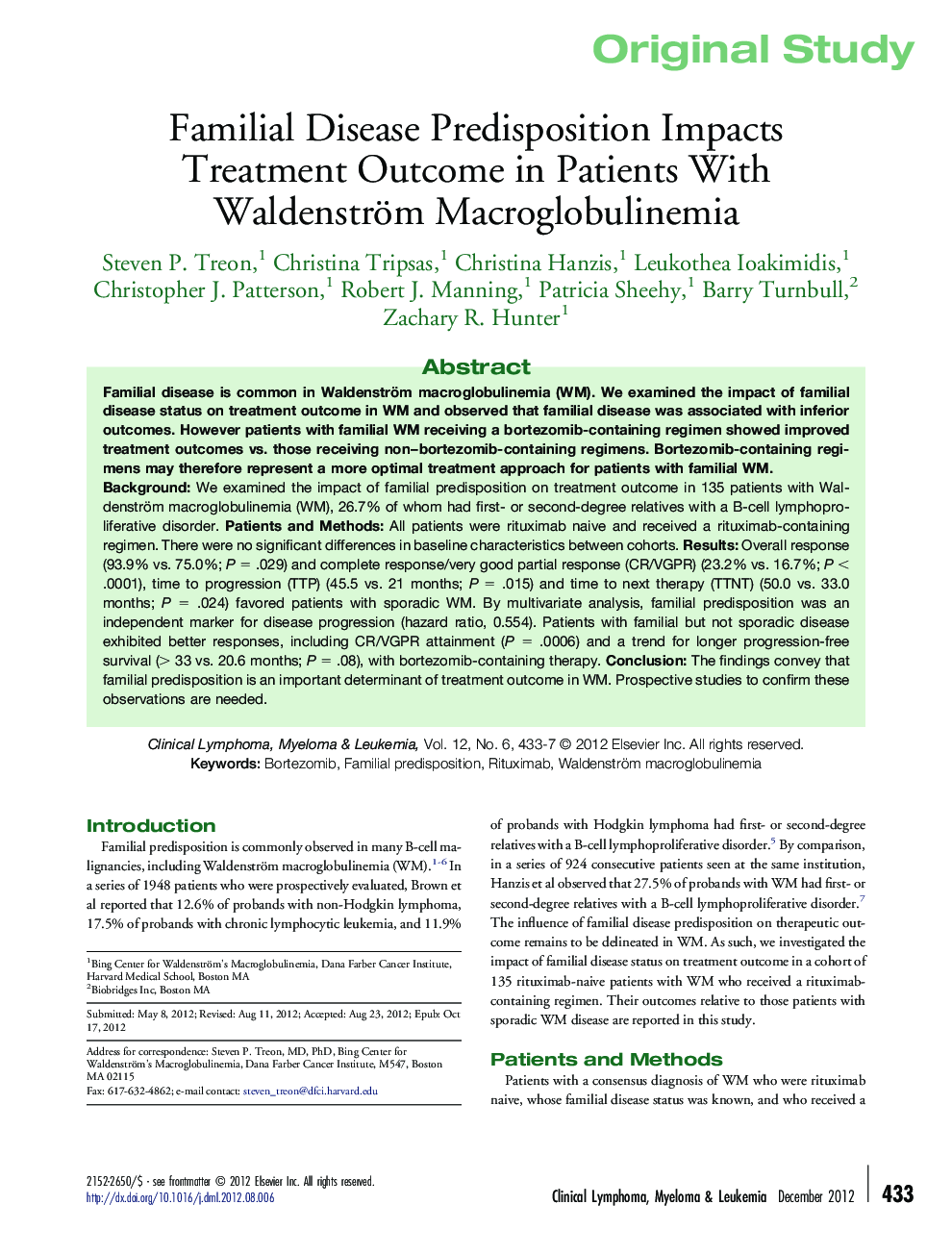 Familial Disease Predisposition Impacts Treatment Outcome in Patients With Waldenström Macroglobulinemia