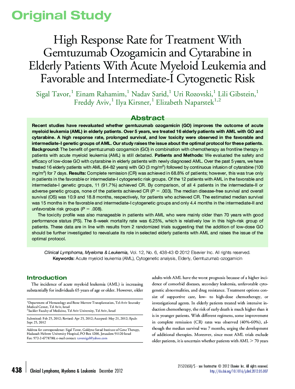 High Response Rate for Treatment With Gemtuzumab Ozogamicin and Cytarabine in Elderly Patients With Acute Myeloid Leukemia and Favorable and Intermediate-I Cytogenetic Risk