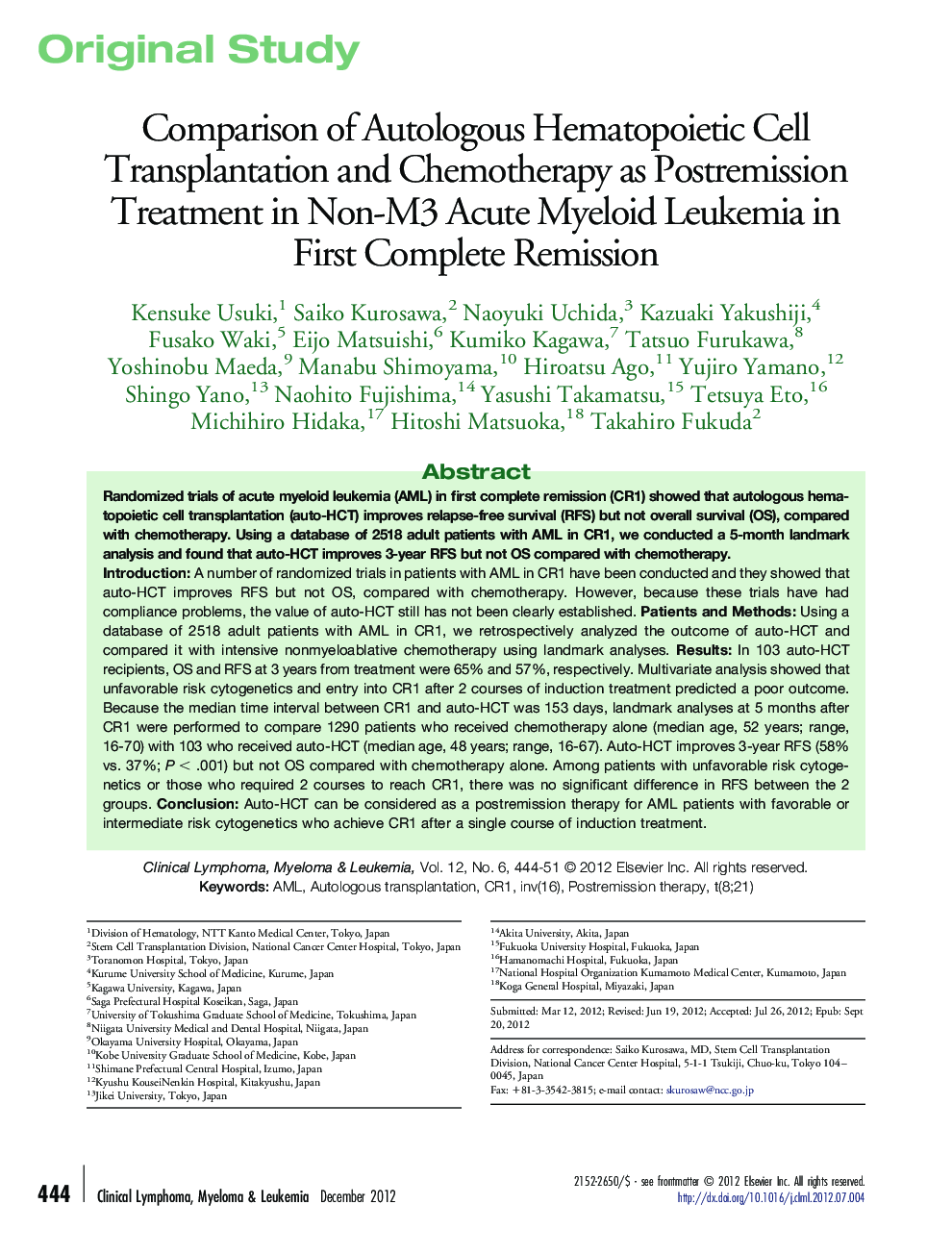 Comparison of Autologous Hematopoietic Cell Transplantation and Chemotherapy as Postremission Treatment in Non-M3 Acute Myeloid Leukemia in First Complete Remission