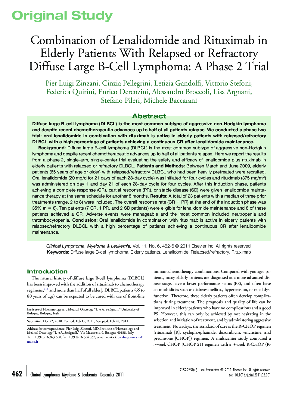 Combination of Lenalidomide and Rituximab in Elderly Patients With Relapsed or Refractory Diffuse Large B-Cell Lymphoma: A Phase 2 Trial