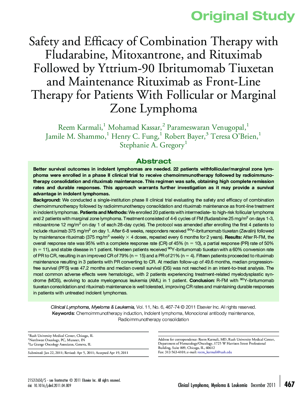 Safety and Efficacy of Combination Therapy with Fludarabine, Mitoxantrone, and Rituximab Followed by Yttrium-90 Ibritumomab Tiuxetan and Maintenance Rituximab as Front-Line Therapy for Patients With Follicular or Marginal Zone Lymphoma