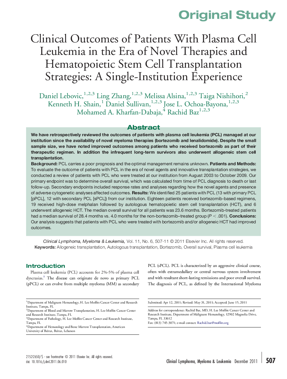 Clinical Outcomes of Patients With Plasma Cell Leukemia in the Era of Novel Therapies and Hematopoietic Stem Cell Transplantation Strategies: A Single-Institution Experience