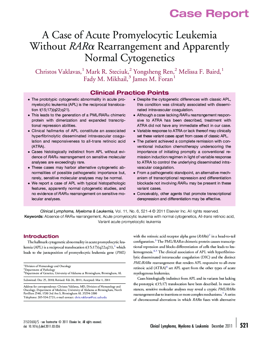 A Case of Acute Promyelocytic Leukemia Without RARÎ± Rearrangement and Apparently Normal Cytogenetics