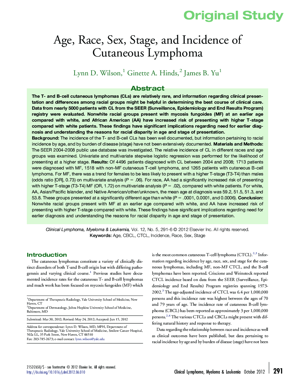 Age, Race, Sex, Stage, and Incidence of Cutaneous Lymphoma