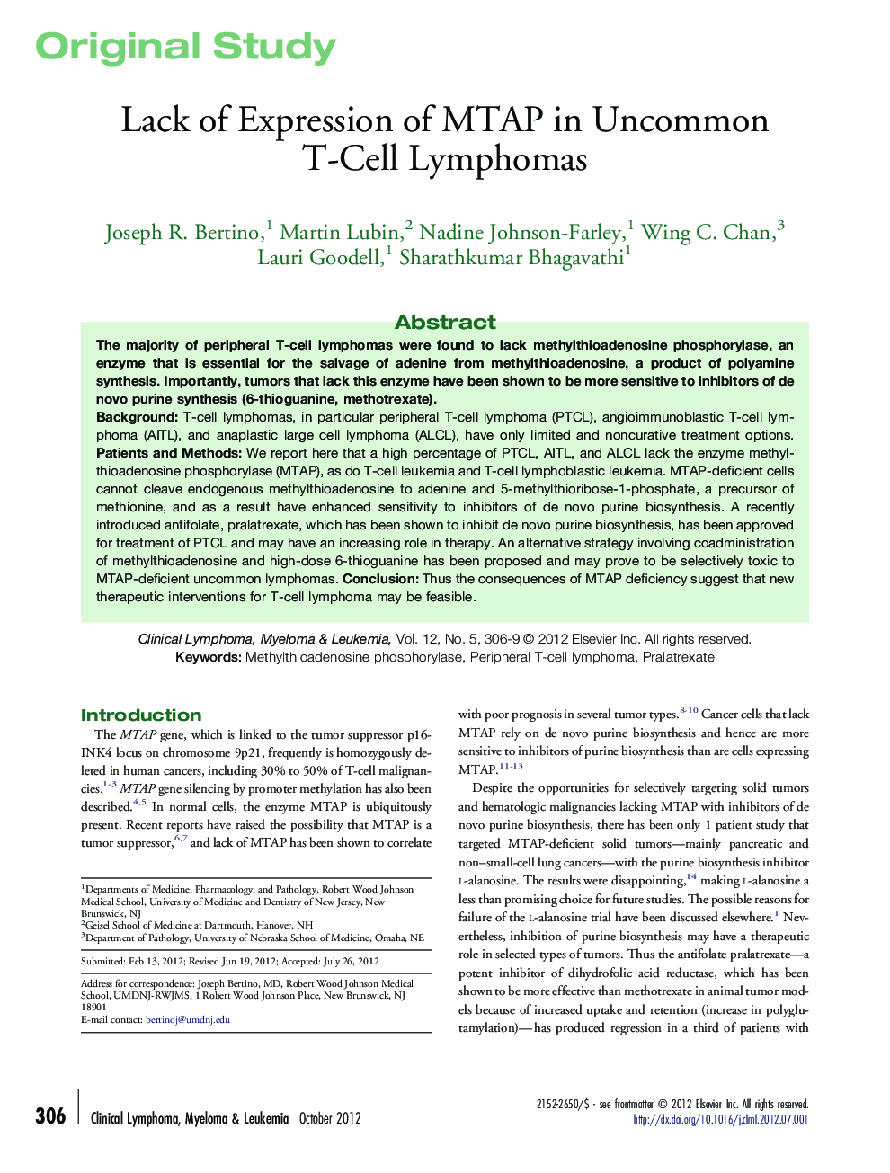 Lack of Expression of MTAP in Uncommon T-Cell Lymphomas