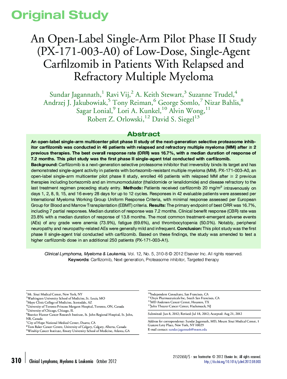 An Open-Label Single-Arm Pilot Phase II Study (PX-171-003-A0) of Low-Dose, Single-Agent Carfilzomib in Patients With Relapsed and Refractory Multiple Myeloma